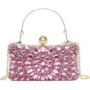 Women Pink Sparkly Cocktail Clutch Rhinestone Diamond Bag